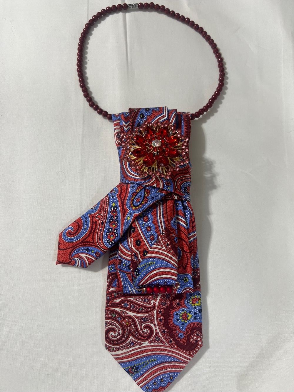 Red Paisley Statement Neck Tie with Beaded Brooch